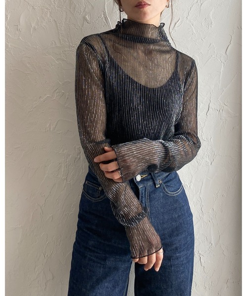 セール】ハイネック長袖グリッターラメシースルー/シアーロングTシャツ