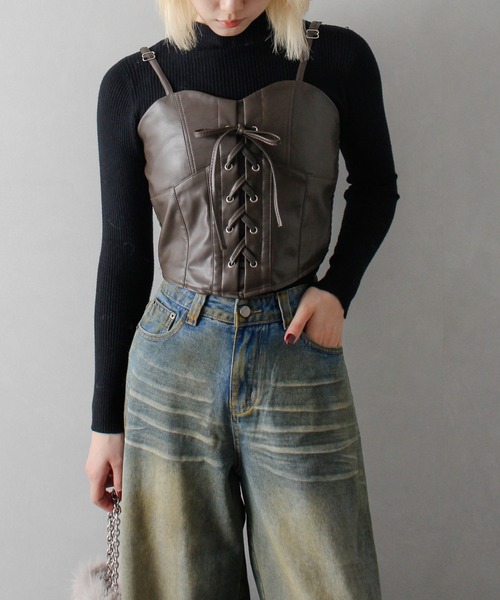 SpRay（スプレイ）の「フェイクレザーキャミセット（キャミソール・レディース・ブラウン/ブラック・FREE）」の12枚目の写真