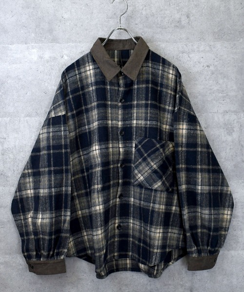 Anytime Songs（エニータイムソングス）の「Vintage-like collar corduroy check flannel shirt/ヴィンテージライク 襟コーデュロイ フランネル シャツ（シャツ/ブラウス・メンズ・ブラウン/ネイビー/ブラック・M/L）」の2枚目の写真