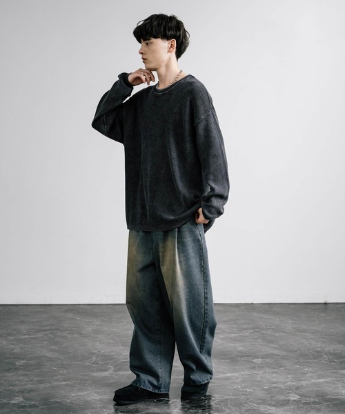 Rocky Monroe(ロッキーモンロー)の「オーバーサイズ 12G片畦ストーンウォッシュクルーニット(ニット/セーター・メンズ・スミクロ/グレー/ネイビー・M/L)」の7枚目の写真