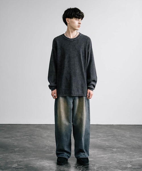 オーバーサイズ 12G片畦ストーンウォッシュクルーニット（ニット