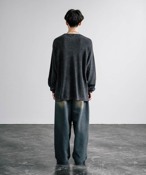 オーバーサイズ 12G片畦ストーンウォッシュクルーニット（ニット