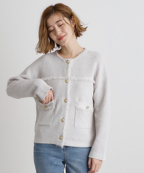 grove（グローブ）の「ツイードニットジャケット（ノーカラージャケット・レディース・サックスブルー/ライトグレー系9/ネイビー・02/01/03）」の4枚目の写真