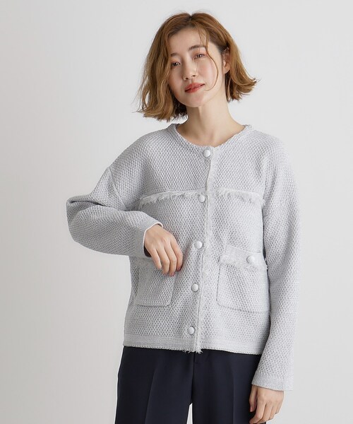 grove（グローブ）の「ツイードニットジャケット（ノーカラージャケット・レディース・サックスブルー/ライトグレー系9/ネイビー・02/01/03）」の9枚目の写真