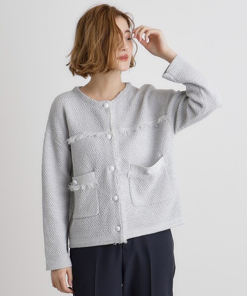 grove（グローブ）の「ツイードニットジャケット（ノーカラージャケット・レディース・サックスブルー/ライトグレー系9/ネイビー・02/01/03）」の10枚目の写真