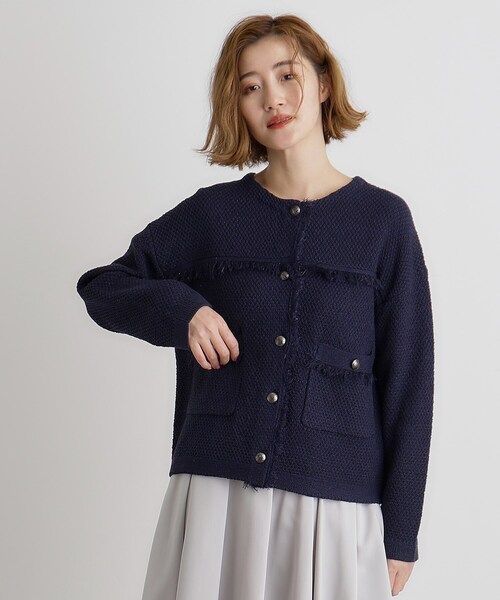 grove（グローブ）の「ツイードニットジャケット（ノーカラージャケット・レディース・サックスブルー/ライトグレー系9/ネイビー・02/01/03）」の14枚目の写真