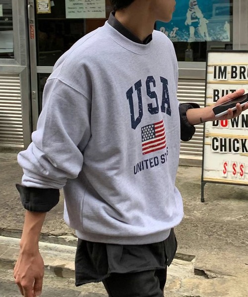 KOREAN SELECT】USA ロゴ 星条旗 かすれプリント 裏起毛 ビッグ