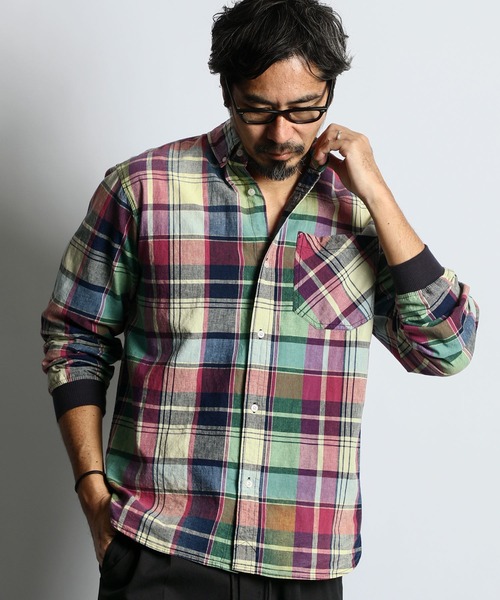 セール】[INDIGO LABEL] INDIGO MADRAS CHECK RIBBED SHIRT