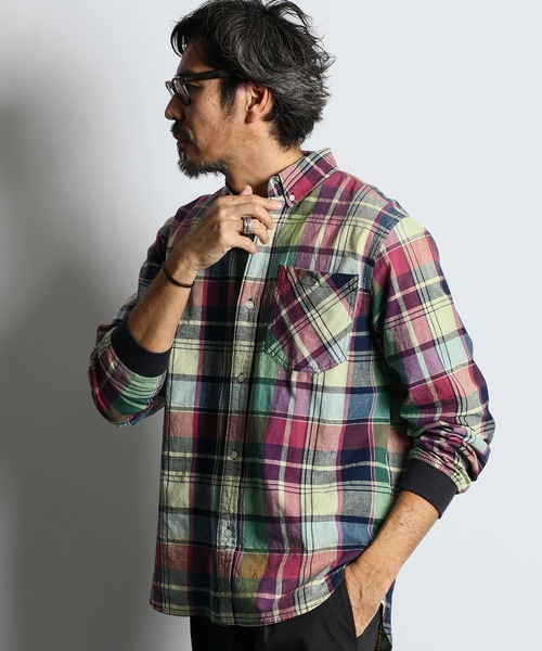 セール】[INDIGO LABEL] INDIGO MADRAS CHECK RIBBED SHIRT