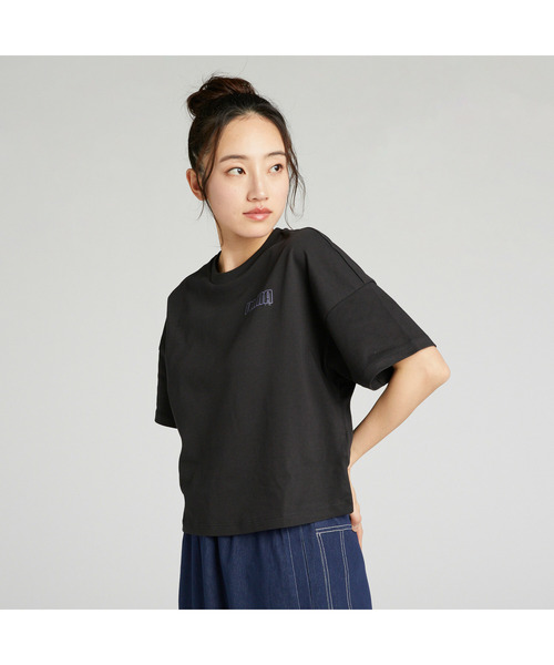 PUMA(プーマ)の「PUMA プーマ ウィメンズ ESS ロゴ ラブ MX グラフィック 半袖 Tシャツ(Tシャツ/カットソー・レディース・オフホワイト/ブラック・MEDIUM/SMALL/X-LARGE/LARGE)」の1枚目の写真