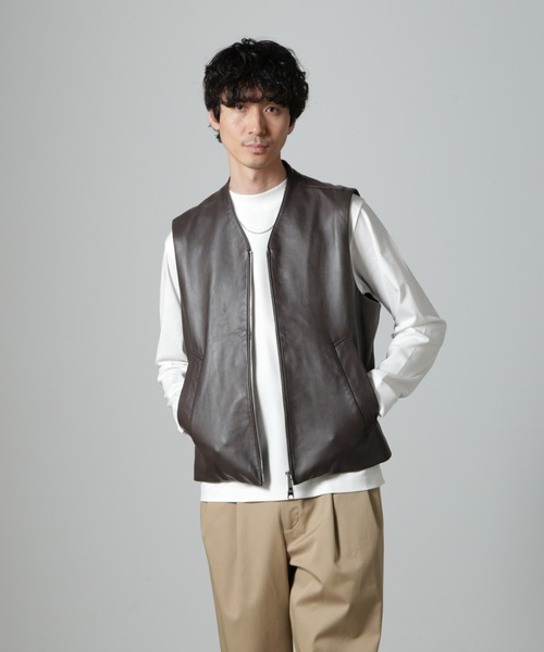 美品❗️羊革ラムファー　ジレベスト Lamb nappa ジップレザージレ（ベスト）｜NANO universe（ナノ