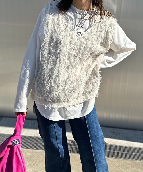 mi via loca（ミヴィアロカ）の「【2way！】　Vネック/深Uネック フリンジシャギーレース ベスト（ベスト・レディース・ブラック/アイボリー・FREE）」の21枚目の写真