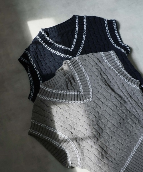 Ulysses（ユリシス）の「ステッチケーブルニットベスト（ベスト・レディース・ネイビー/グレー・F）」の16枚目の写真