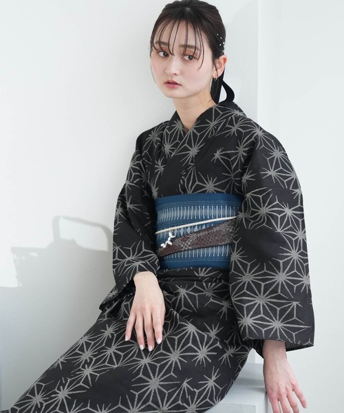セール】浴衣3点セット 綿麻×紅梅 黒地の麻の葉（浴衣）｜utatane