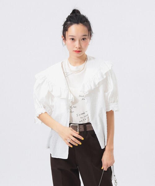 BEAMS BOY（ビームスボーイ）の「ドット ドビー ビッグカラー ショートスリーブ（シャツ/ブラウス・レディース・ピンク/ブラック/オフホワイト・ONE SIZE）」の6枚目の写真