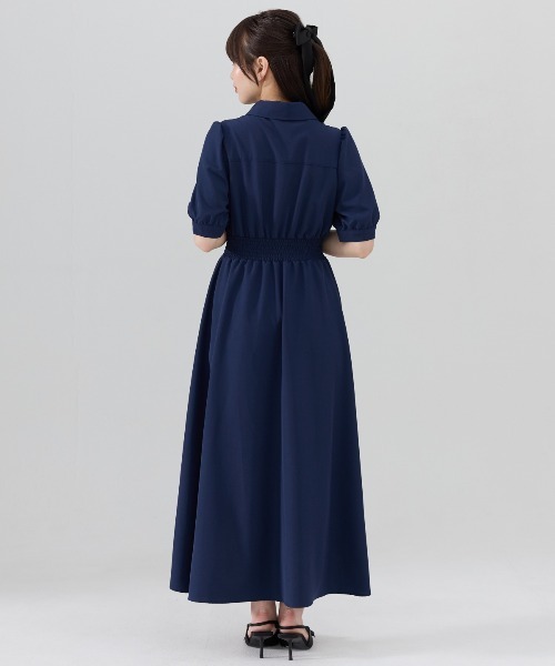 【MAJE】リネンブレンド シャーリングシャツワンピース ネイビー セール】開襟シャツ フレンチスリーブ ロング ワンピース
