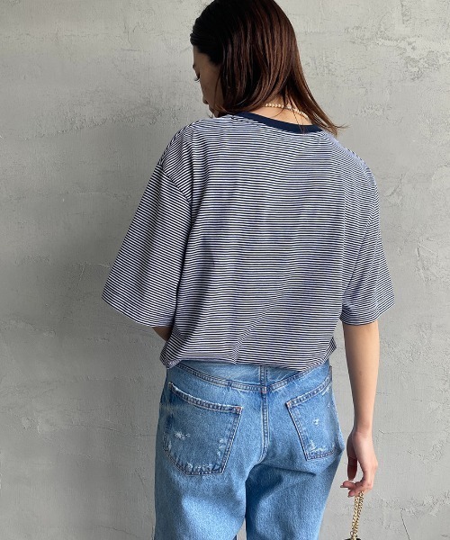 新品未使用⭐︎完売⭐︎DANTON ダントン　ショート丈　袖ワンポイント DANTON/ダントン] ワンポイントロゴ ボーダー ショートスリーブT