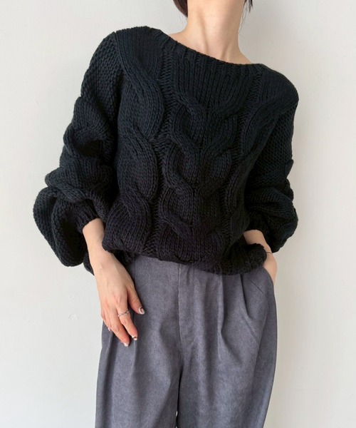 select MOCA by son（セレクトモカバイソン）の「ビッグケーブルボリュームスリーブニット（ニット/セーター・レディース・アイボリー/ブラック/グレー・FREE）」の18枚目の写真