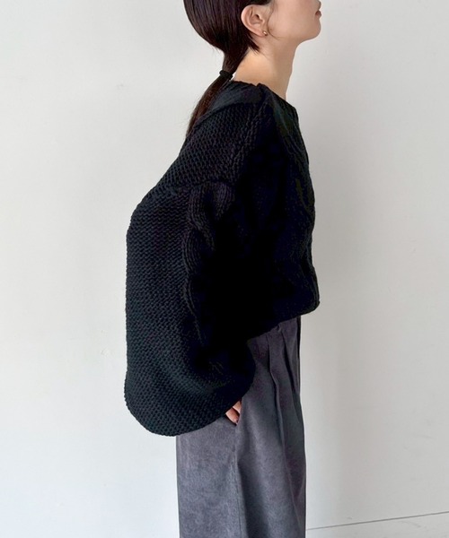 select MOCA by son（セレクトモカバイソン）の「ビッグケーブルボリュームスリーブニット（ニット/セーター・レディース・アイボリー/ブラック/グレー・FREE）」の21枚目の写真