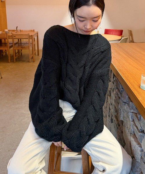 select MOCA by son（セレクトモカバイソン）の「ビッグケーブルボリュームスリーブニット（ニット/セーター・レディース・アイボリー/ブラック/グレー・FREE）」の13枚目の写真