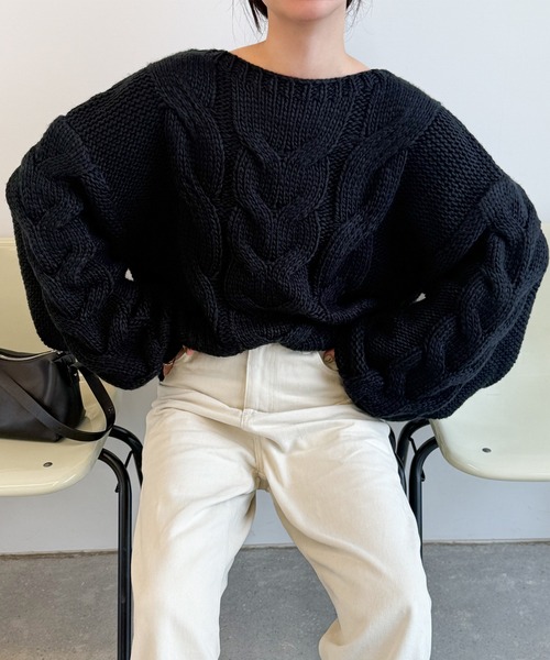 select MOCA by son（セレクトモカバイソン）の「ビッグケーブルボリュームスリーブニット（ニット/セーター・レディース・アイボリー/ブラック/グレー・FREE）」の15枚目の写真