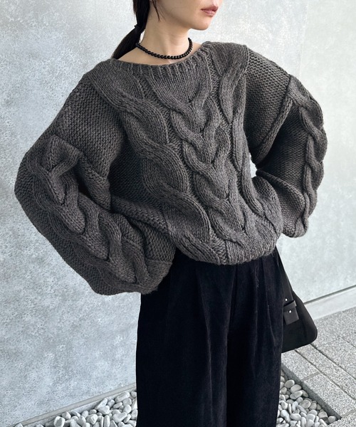 select MOCA by son（セレクトモカバイソン）の「ビッグケーブルボリュームスリーブニット（ニット/セーター・レディース・アイボリー/ブラック/グレー・FREE）」の22枚目の写真