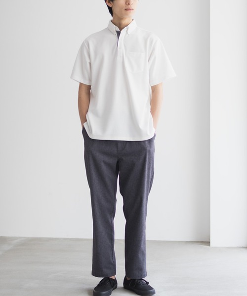 NAVY（ネイビー）の「【接触冷感 抗菌防臭】NAVY SARARI リップルボタンダウン カットポロシャツ（ポロシャツ・メンズ・オフホワイト/ネイビー・S/M/L/XL）」の3枚目の写真