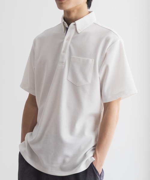 NAVY（ネイビー）の「【接触冷感 抗菌防臭】NAVY SARARI リップルボタンダウン カットポロシャツ（ポロシャツ・メンズ・オフホワイト/ネイビー・S/M/L/XL）」の5枚目の写真