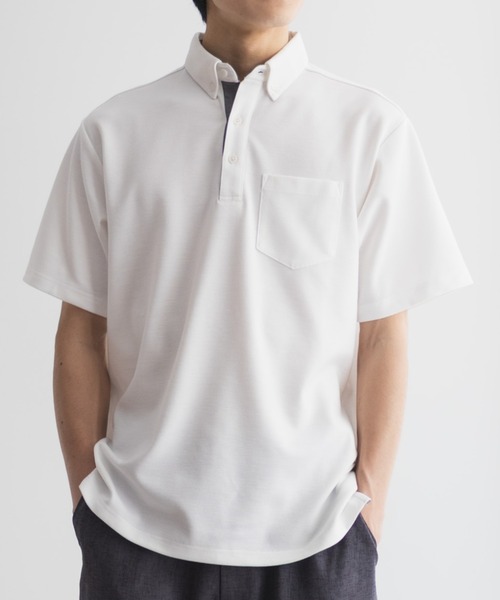 NAVY（ネイビー）の「【接触冷感 抗菌防臭】NAVY SARARI リップルボタンダウン カットポロシャツ（ポロシャツ・メンズ・オフホワイト/ネイビー・S/M/L/XL）」の4枚目の写真