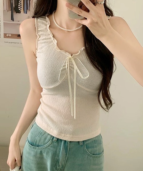 VIBGYOR（ヴィブジョー）の「リボンギャザー タンクトップ(CZ)（タンクトップ・レディース・ホワイト/アイボリー/ブルーグレー・MEDIUM/LARGE）」の7枚目の写真