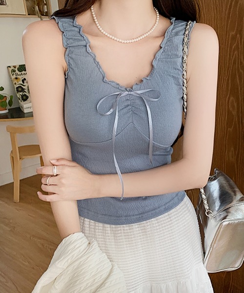 VIBGYOR（ヴィブジョー）の「リボンギャザー タンクトップ(CZ)（タンクトップ・レディース・ホワイト/アイボリー/ブルーグレー・MEDIUM/LARGE）」の8枚目の写真