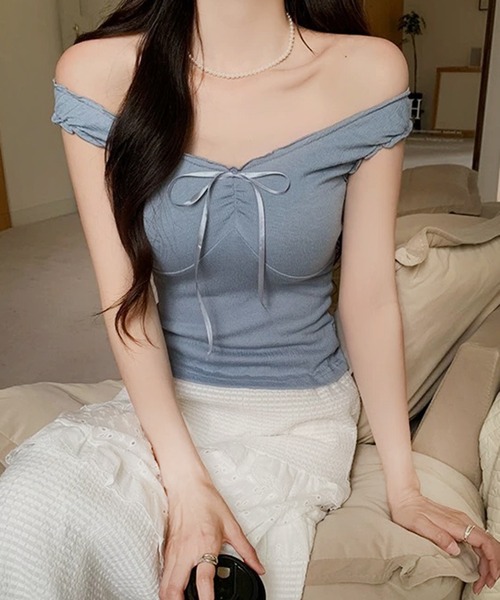 VIBGYOR（ヴィブジョー）の「リボンギャザー タンクトップ(CZ)（タンクトップ・レディース・ホワイト/アイボリー/ブルーグレー・MEDIUM/LARGE）」の9枚目の写真