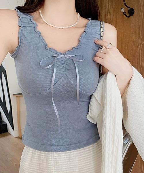 VIBGYOR（ヴィブジョー）の「リボンギャザー タンクトップ(CZ)（タンクトップ・レディース・ホワイト/アイボリー/ブルーグレー・MEDIUM/LARGE）」の10枚目の写真