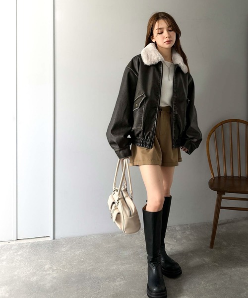 mily bilet（ミウィビレット）の「【mily bilet】「120％お顔盛れ。」ティペット付き ヴィンテージライク フェイクレザーブルゾン（ブルゾン・レディース・ブラック/ブラウン・LARGE/MEDIUM/SMALL/X-LARGE）」の6枚目の写真