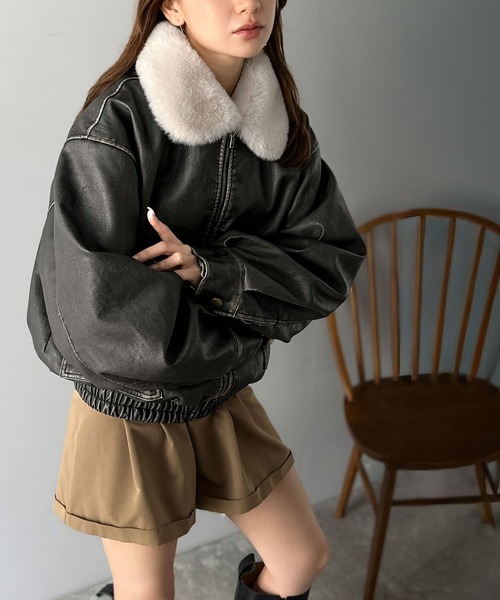 mily bilet（ミウィビレット）の「【mily bilet】「120％お顔盛れ。」ティペット付き ヴィンテージライク フェイクレザーブルゾン（ブルゾン・レディース・ブラック/ブラウン・LARGE/MEDIUM/SMALL/X-LARGE）」の8枚目の写真