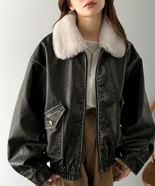 mily bilet（ミウィビレット）の「【mily bilet】「120％お顔盛れ。」ティペット付き ヴィンテージライク フェイクレザーブルゾン（ブルゾン・レディース・ブラック/ブラウン・LARGE/MEDIUM/SMALL/X-LARGE）」の5枚目の写真