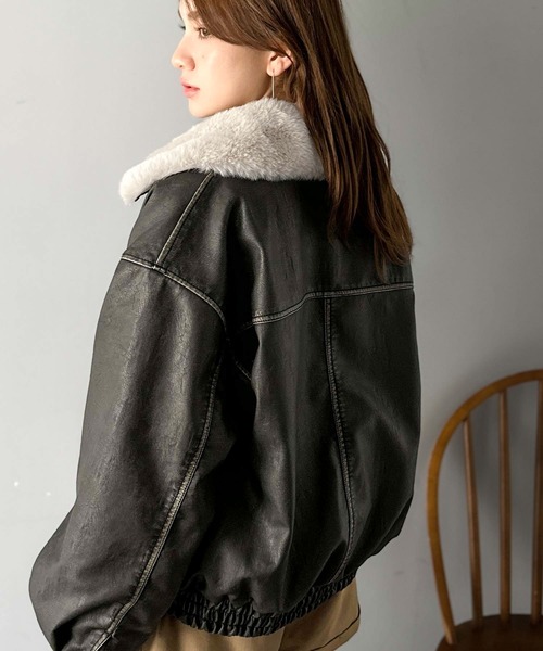 mily bilet（ミウィビレット）の「【mily bilet】「120％お顔盛れ。」ティペット付き ヴィンテージライク フェイクレザーブルゾン（ブルゾン・レディース・ブラック/ブラウン・LARGE/MEDIUM/SMALL/X-LARGE）」の9枚目の写真