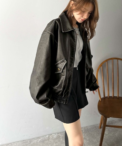 mily bilet（ミウィビレット）の「【mily bilet】「120％お顔盛れ。」ティペット付き ヴィンテージライク フェイクレザーブルゾン（ブルゾン・レディース・ブラック/ブラウン・LARGE/MEDIUM/SMALL/X-LARGE）」の10枚目の写真