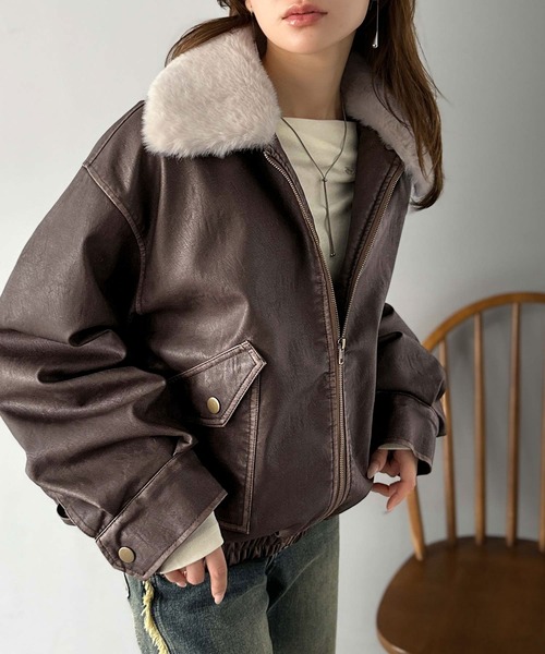 mily bilet（ミウィビレット）の「【mily bilet】「120％お顔盛れ。」ティペット付き ヴィンテージライク フェイクレザーブルゾン（ブルゾン・レディース・ブラック/ブラウン・LARGE/MEDIUM/SMALL/X-LARGE）」の15枚目の写真