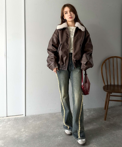 mily bilet（ミウィビレット）の「【mily bilet】「120％お顔盛れ。」ティペット付き ヴィンテージライク フェイクレザーブルゾン（ブルゾン・レディース・ブラック/ブラウン・LARGE/MEDIUM/SMALL/X-LARGE）」の16枚目の写真