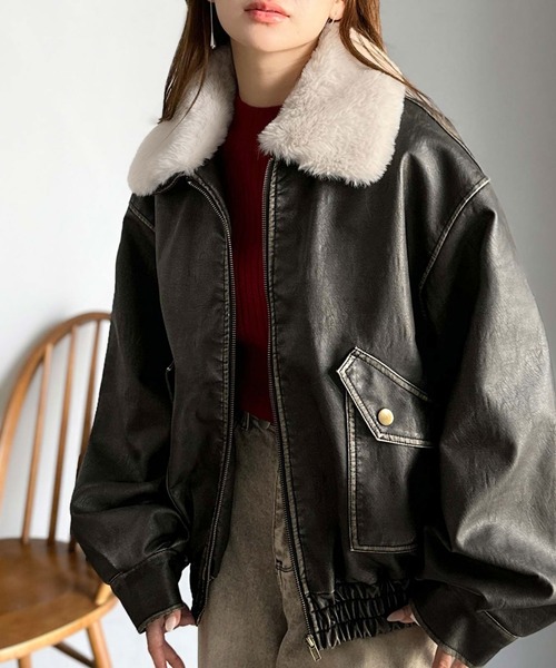 mily bilet（ミウィビレット）の「【mily bilet】「120％お顔盛れ。」ティペット付き ヴィンテージライク フェイクレザーブルゾン（ブルゾン・レディース・ブラック/ブラウン・LARGE/MEDIUM/SMALL/X-LARGE）」の4枚目の写真