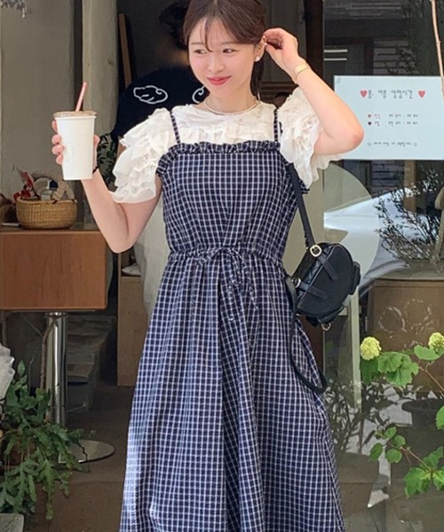 LAFFMO（ラフモ）の「チェック柄ワイドフレアサロペットパンツ