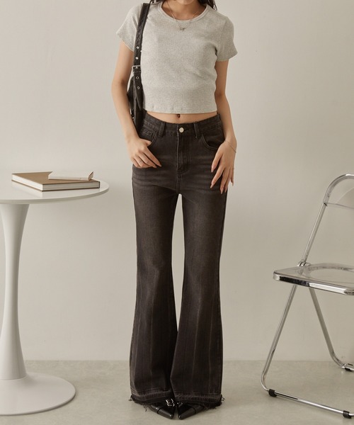 セール】【NuNuNa】ヴィンテージ加工カットオフダメージフレアデニム