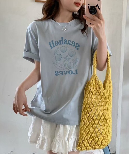 LAC-VERT(ラック・ヴェール)の「シェルイラストTシャツ(Tシャツ/カットソー・レディース・グレー/ブルー/ホワイト・FREE)」の6枚目の写真