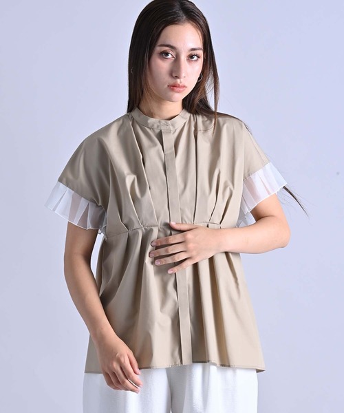 RAW FUDGE(ローファッジ)の「シアープリーツスリーブブラウス(シャツ/ブラウス・レディース・ベージュ/チャコールグレー/オフホワイト・M)」の1枚目の写真