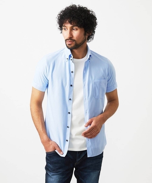 MICHEL KLEIN HOMME (ミッシェルクランオム)の「《日本製》マイクロチェック柄半袖シャツ(シャツ/ブラウス・メンズ・グレー/ブルー/ライトブルー・MEDIUM/LARGE/X-LARGE)」の2枚目の写真