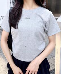 サイドギャザーラインストーン飛ばしプレート付Tシャツ