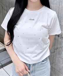 サイドギャザーラインストーン飛ばしプレート付Tシャツ