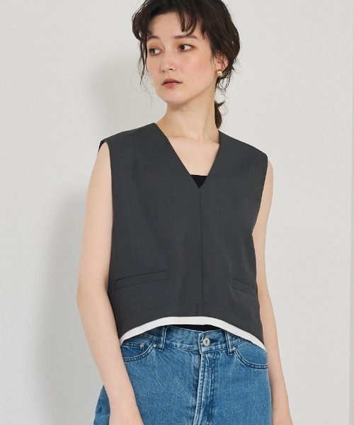 qualite(カリテ)の「【セットアップ対応】ウールライクジレ/ノースリーブトップス(タンクトップ・レディース・ベージュ/チャコールグレー・フリー)」の2枚目の写真