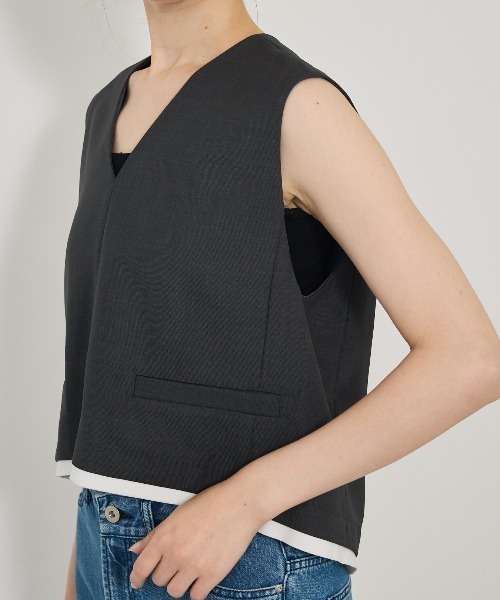 qualite(カリテ)の「【セットアップ対応】ウールライクジレ/ノースリーブトップス(タンクトップ・レディース・ベージュ/チャコールグレー・フリー)」の9枚目の写真